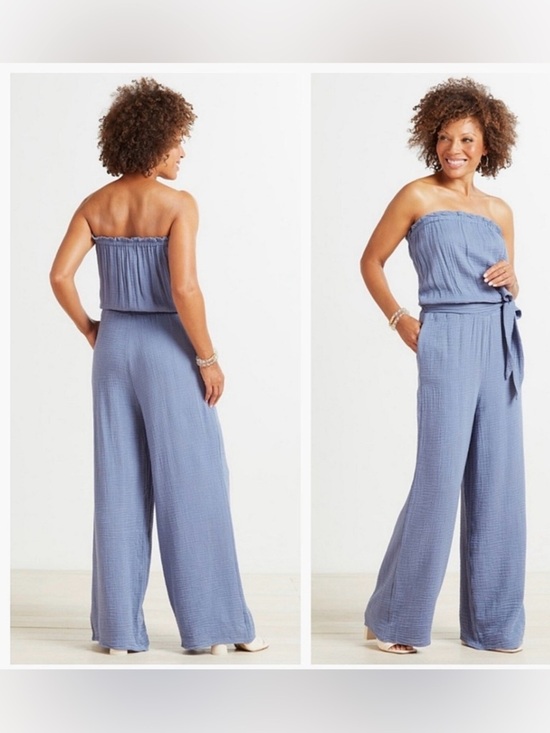 Evereve Pants - EVEREVE Riley Strapless Gauze Jumpsuit Blue Medium beach summer vacation comfy